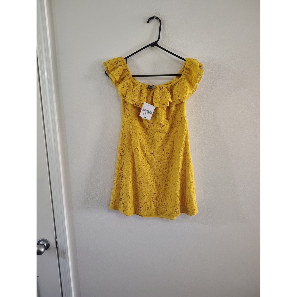 Forever 21 Mustard Yellow Lace Ruffle Off Shoulder Mini Dress Size M NWT